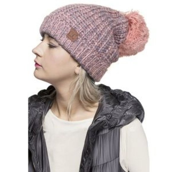 C.C Knitted Chunky Multi Color Hat with Pom-Rose - Picture 1 of 2